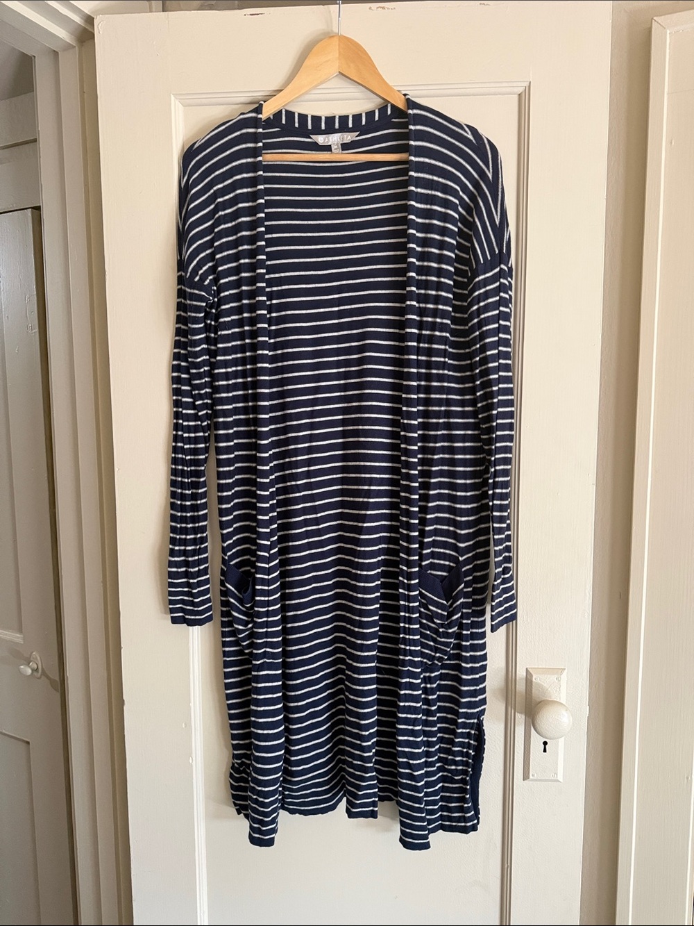 Athleta Navy and White Striped Open-Front Long Cardigan